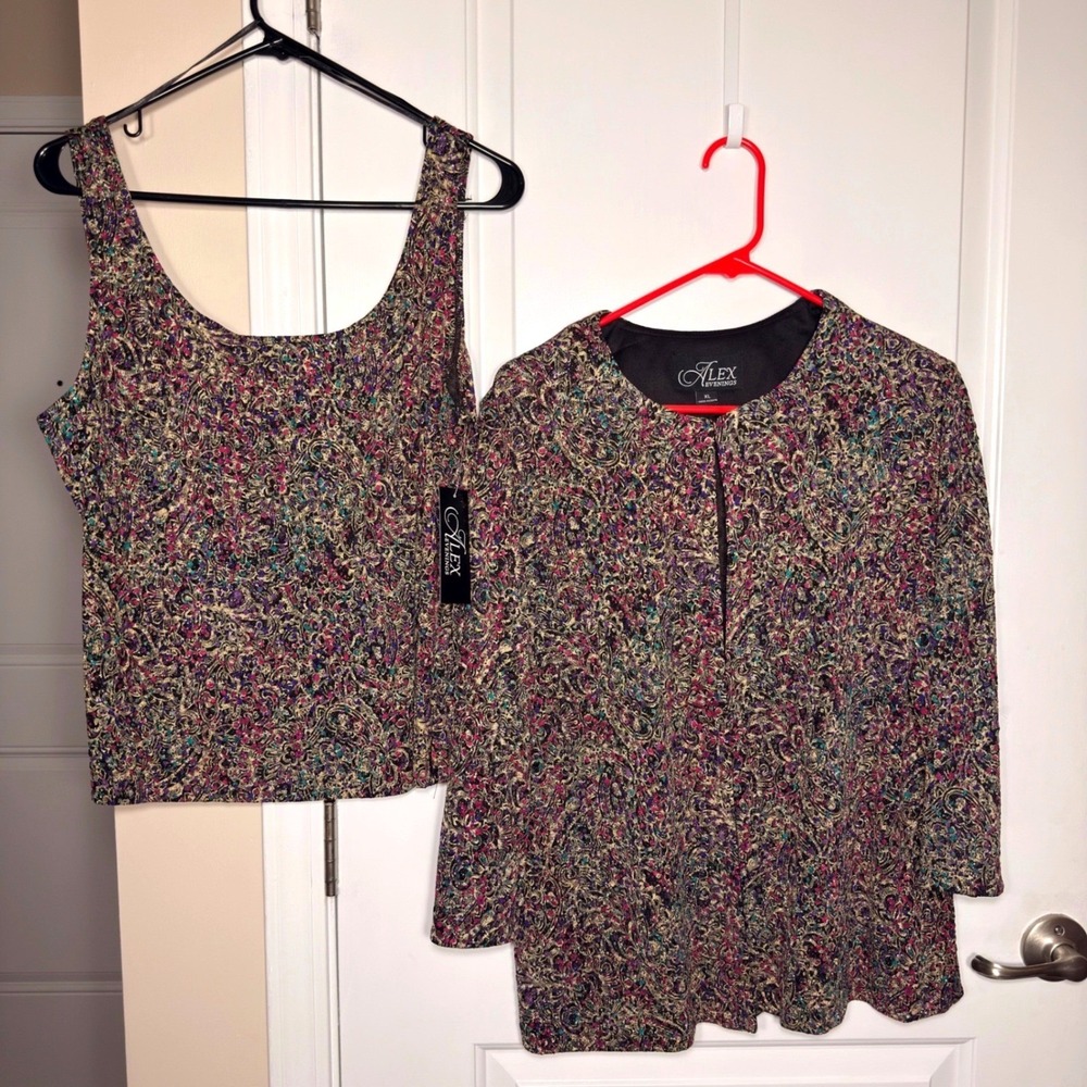 Alex Evenings 2 Piece Set Metallic Paisley Jacket Tank Top Multi Color XL